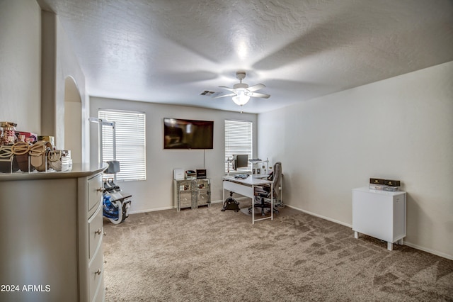 carpeted office featuring a textured ceiling, ceiling fan, and a healthy amount of sunlight