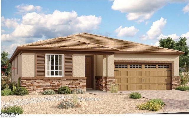 view of front facade featuring decorative driveway, stone siding, an attached garage, and stucco siding