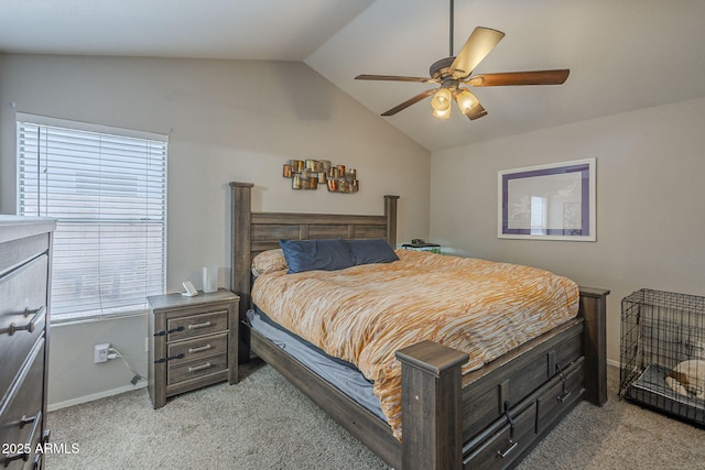 5911 E Evergreen St, Mesa, AZ 85205 - bedroom featuring light carpet, vaulted ceiling, and ceiling fan