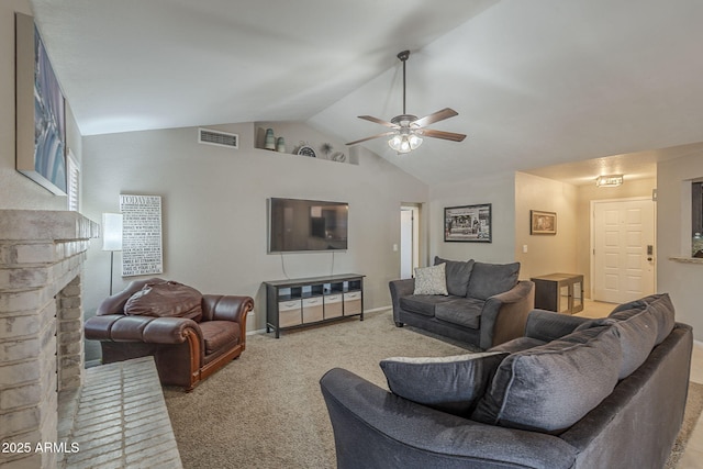 5911 E Evergreen St, Mesa, AZ 85205 - living room featuring light carpet, ceiling fan, a fireplace, and high vaulted ceiling
