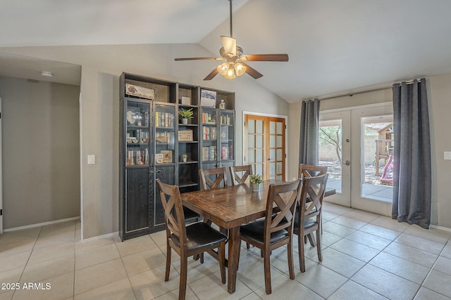5911 E Evergreen St, Mesa, AZ 85205 - dining room featuring french doors, vaulted ceiling, ceiling fan, and light tile patterned flooring