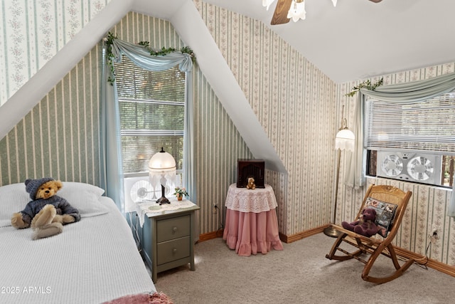 3910 Larson Loop, Forest Lakes, AZ 85931 - carpeted bedroom with wallpapered walls and lofted ceiling