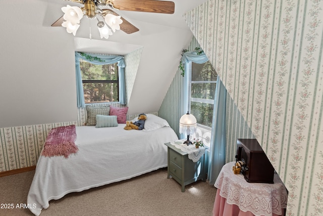 3910 Larson Loop, Forest Lakes, AZ 85931 - carpeted bedroom featuring wallpapered walls, lofted ceiling, and a ceiling fan