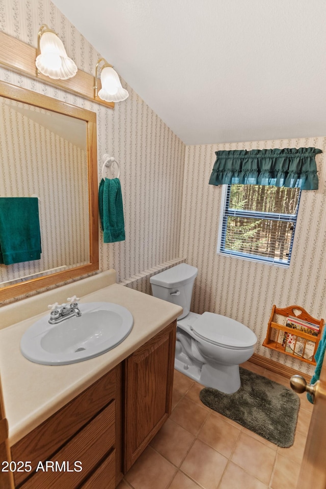 3910 Larson Loop, Forest Lakes, AZ 85931 - half bath with vanity, tile patterned floors, and wallpapered walls