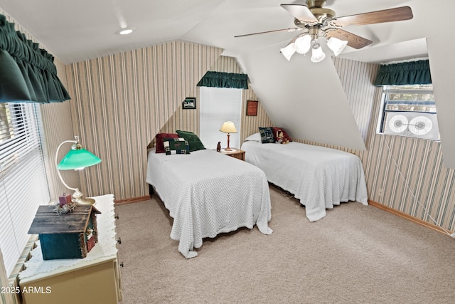 3910 Larson Loop, Forest Lakes, AZ 85931 - bedroom with lofted ceiling, carpet floors, ceiling fan, and wallpapered walls