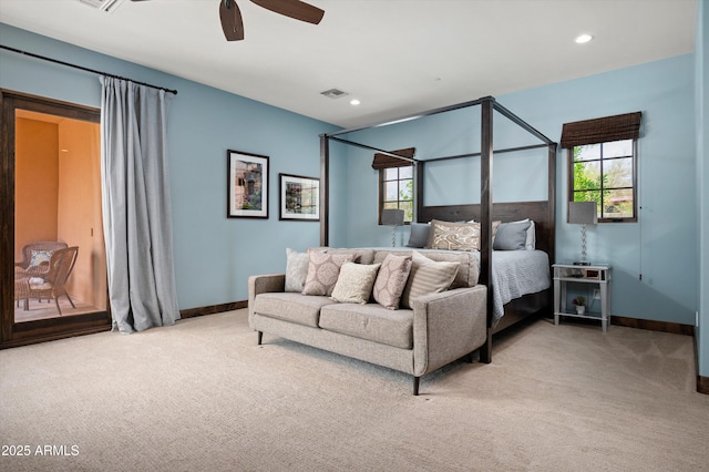 8454 E Leaning Rock Rd, Scottsdale, AZ 85266 - bedroom with a ceiling fan, visible vents, recessed lighting, light carpet, and baseboards