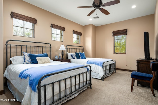 8454 E Leaning Rock Rd, Scottsdale, AZ 85266 - bedroom with visible vents, baseboards, ceiling fan, recessed lighting, and light colored carpet