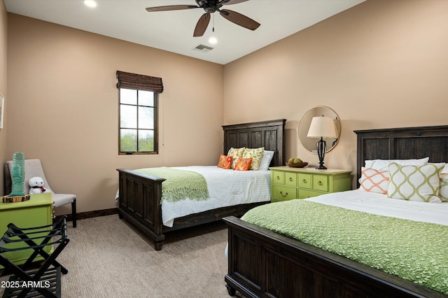 8454 E Leaning Rock Rd, Scottsdale, AZ 85266 - bedroom featuring visible vents, baseboards, a ceiling fan, recessed lighting, and light carpet