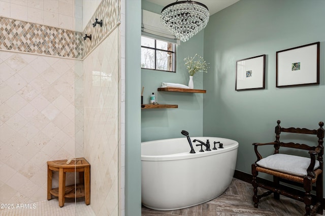 8454 E Leaning Rock Rd, Scottsdale, AZ 85266 - bathroom with a chandelier, tiled shower, and a soaking tub
