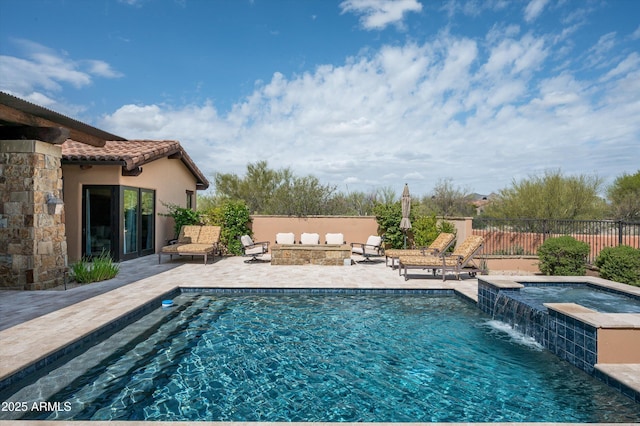 8454 E Leaning Rock Rd, Scottsdale, AZ 85266 - view of pool with a patio area, fence, a fire pit, an in ground hot tub, and a fenced in pool