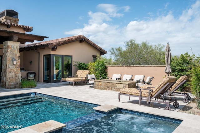 8454 E Leaning Rock Rd, Scottsdale, AZ 85266 - view of swimming pool featuring a fenced in pool, a patio, an in ground hot tub, and an outdoor fire pit
