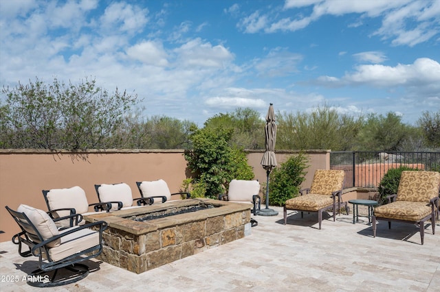 8454 E Leaning Rock Rd, Scottsdale, AZ 85266 - view of patio / terrace featuring an outdoor fire pit and fence