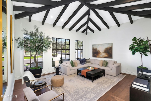 2421 E Montebello Ave, Phoenix, AZ 85016 - living room featuring high vaulted ceiling, baseboards, recessed lighting, beam ceiling, and dark wood finished floors