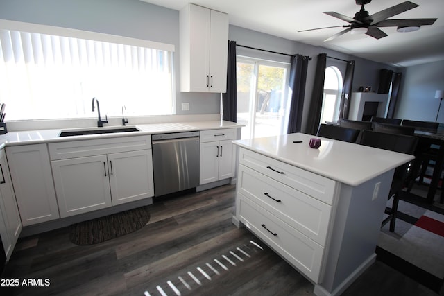 kitchen featuring white cabinetry, a kitchen island, sink, and stainless steel dishwasher