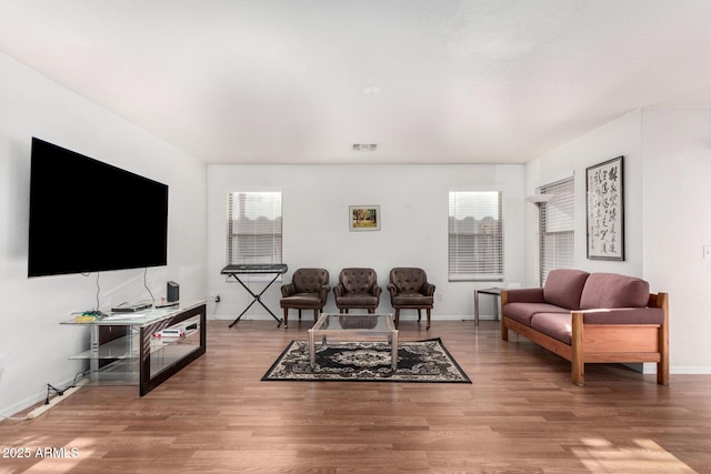 living room with wood-type flooring and plenty of natural light