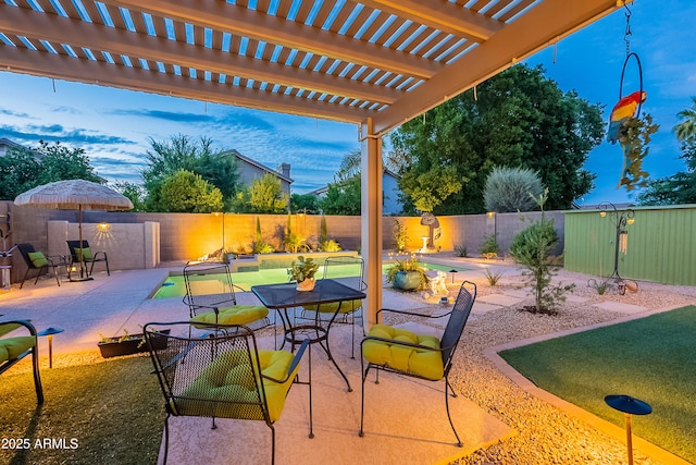 490 W Encinas St, Gilbert, AZ 85233 - fenced backyard with a patio area, a pergola, an outbuilding, and outdoor dining area
