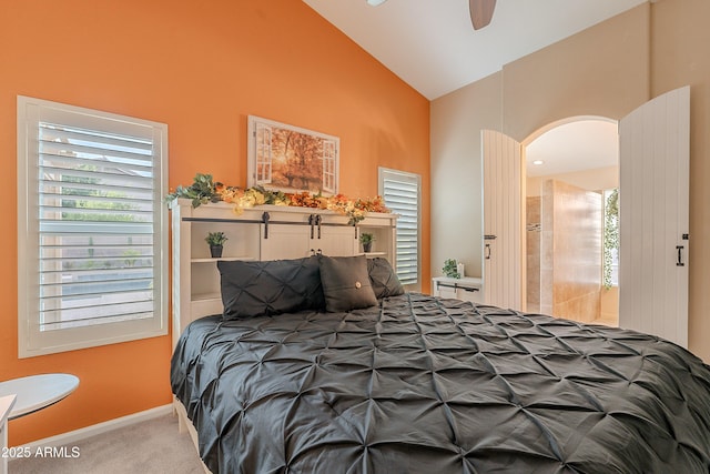 490 W Encinas St, Gilbert, AZ 85233 - carpeted bedroom with arched walkways, high vaulted ceiling, and baseboards