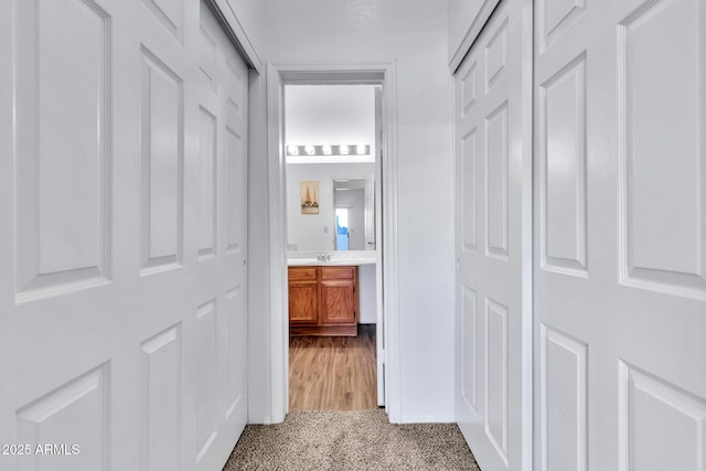 corridor with sink and light carpet