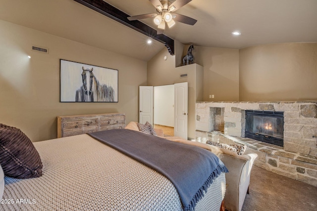 bedroom with carpet floors, vaulted ceiling with beams, a fireplace, visible vents, and a ceiling fan