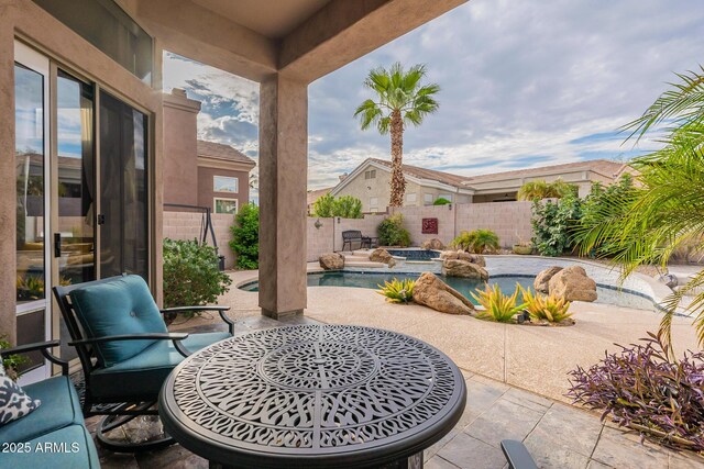9678 E Voltaire Dr, Scottsdale, AZ 85260 - fenced backyard featuring a patio area and a pool with connected hot tub