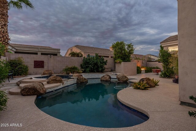 9678 E Voltaire Dr, Scottsdale, AZ 85260 - view of swimming pool with a patio, a fenced backyard, and a pool with connected hot tub