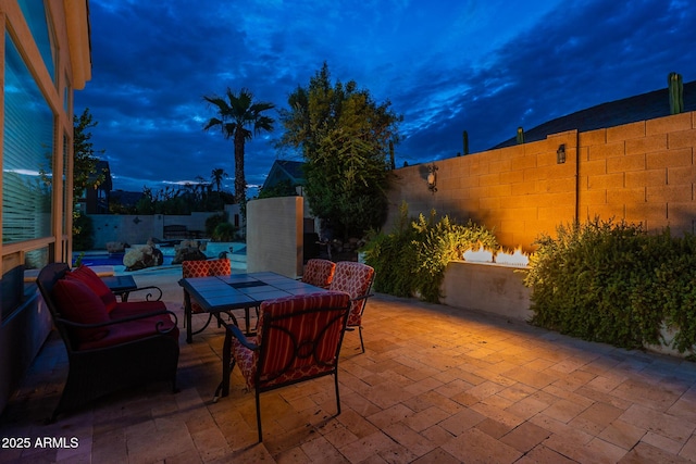 9678 E Voltaire Dr, Scottsdale, AZ 85260 - fenced backyard with a pool, a patio, and outdoor dining space