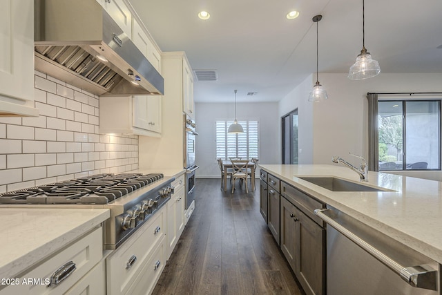 kitchen featuring sink, hanging light fixtures, appliances with stainless steel finishes, range hood, and white cabinets