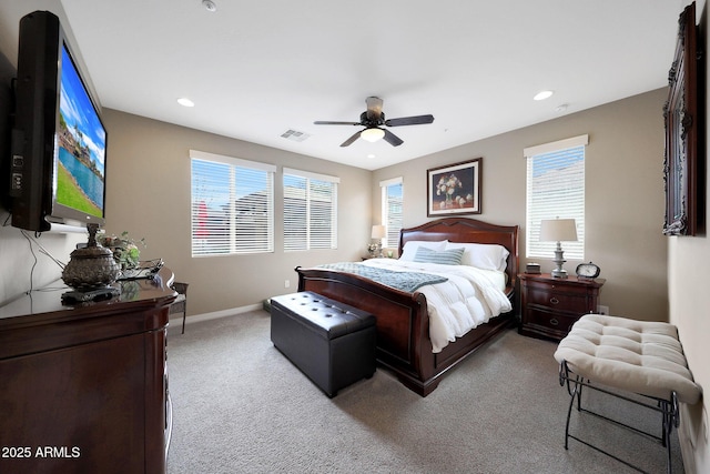 3359 E Penedes Dr, Gilbert, AZ 85298 - bedroom featuring carpet, baseboards, recessed lighting, and a ceiling fan