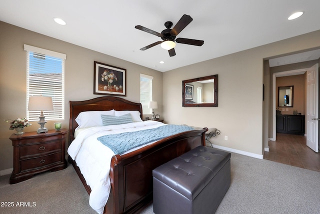 3359 E Penedes Dr, Gilbert, AZ 85298 - bedroom featuring carpet, baseboards, multiple windows, recessed lighting, and ceiling fan