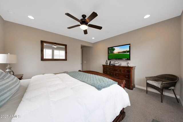 3359 E Penedes Dr, Gilbert, AZ 85298 - bedroom featuring carpet flooring, a ceiling fan, recessed lighting, and baseboards