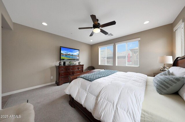 3359 E Penedes Dr, Gilbert, AZ 85298 - bedroom with baseboards, carpet floors, recessed lighting, and ceiling fan