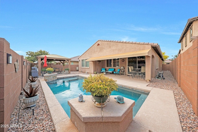 3359 E Penedes Dr, Gilbert, AZ 85298 - view of swimming pool with a gazebo, a fenced backyard, a patio, and outdoor dining space