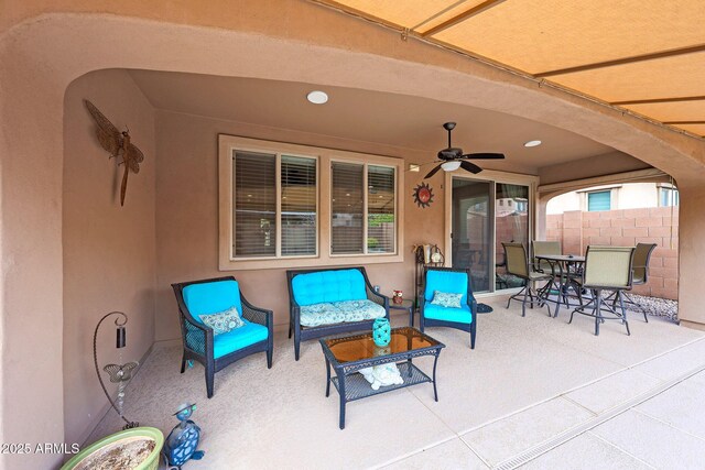 3359 E Penedes Dr, Gilbert, AZ 85298 - view of patio / terrace with a ceiling fan, fence, and outdoor dining space