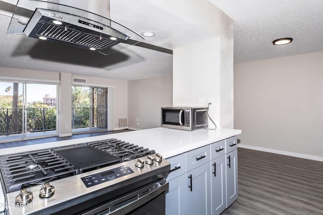 425 Paseo Redondo Unit 6L, Tucson, AZ 85701 - kitchen featuring stainless steel appliances, a textured ceiling, light countertops, range hood, and wood finished floors