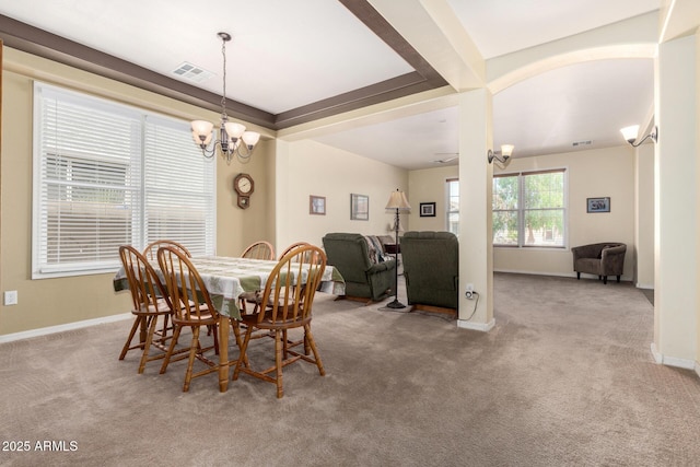 4125 W Lydia Ln, Phoenix, AZ 85041 - dining area featuring baseboards, a notable chandelier, visible vents, and carpet