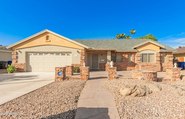 ranch-style home with concrete driveway, a garage, stucco siding, stone siding, and roof with shingles