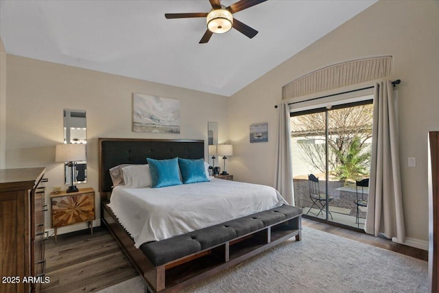 bedroom with access to exterior, a ceiling fan, vaulted ceiling, wood finished floors, and baseboards