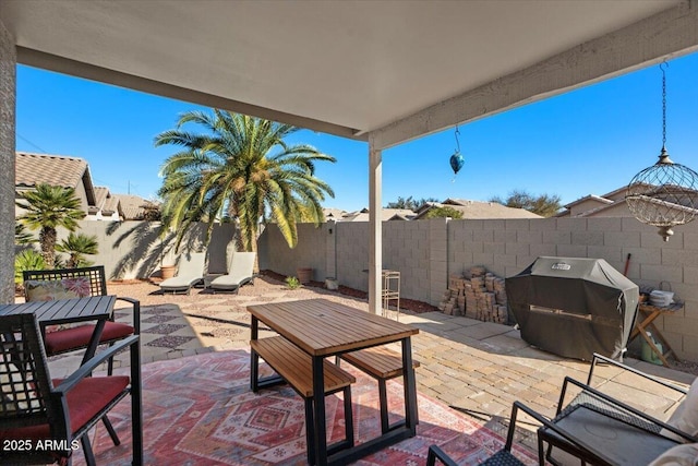 view of patio / terrace with outdoor dining space, a fenced backyard, and a grill