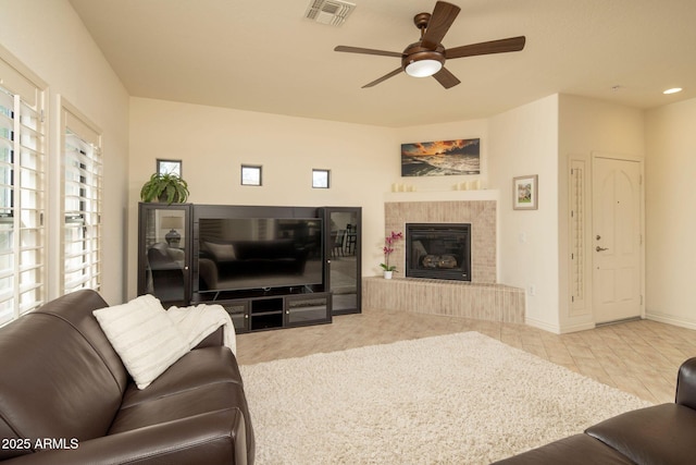 living room with ceiling fan