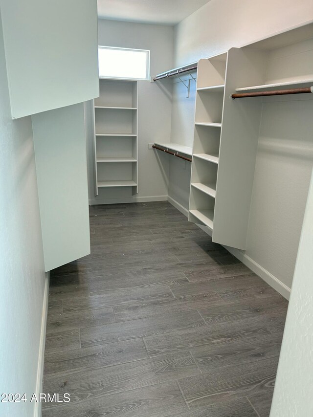 walk in closet with dark hardwood / wood-style flooring