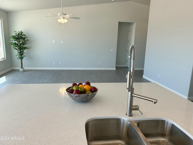 kitchen featuring ceiling fan, sink, vaulted ceiling, and hardwood / wood-style flooring