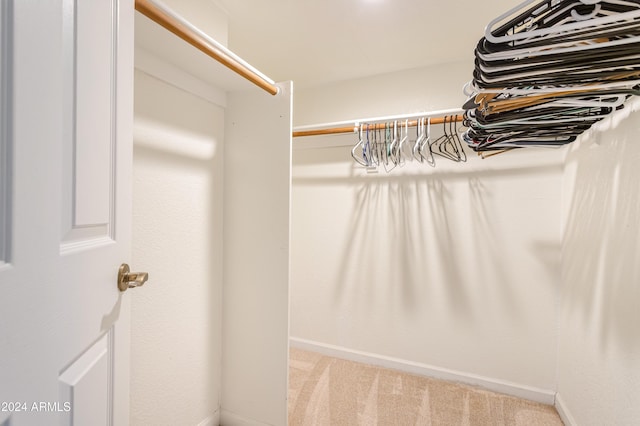 walk in closet featuring light colored carpet