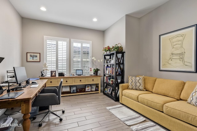 office space with recessed lighting and wood tiled floor