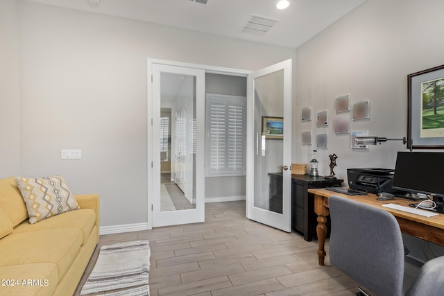 office with recessed lighting, visible vents, baseboards, french doors, and wood tiled floor