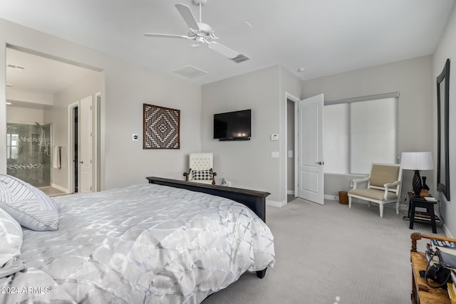 bedroom with carpet, visible vents, baseboards, and a ceiling fan