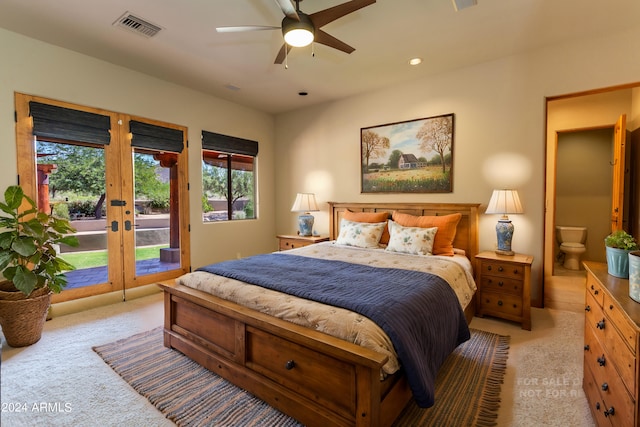 carpeted bedroom with access to exterior and ceiling fan