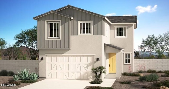 modern inspired farmhouse with a garage, driveway, board and batten siding, and fence