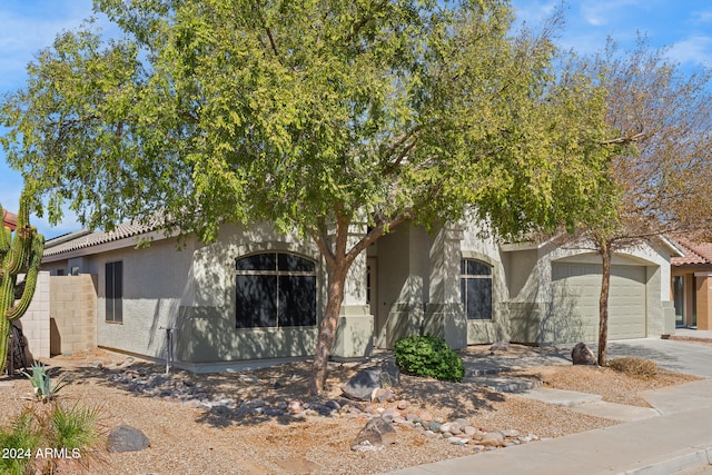 view of property hidden behind natural elements with a garage