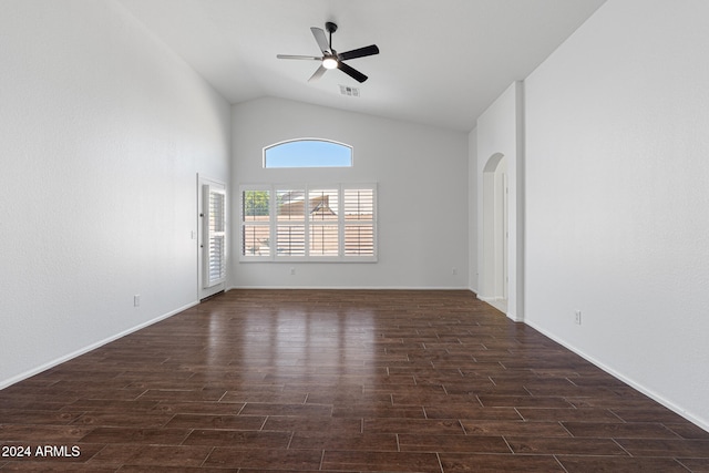 spare room with ceiling fan and lofted ceiling