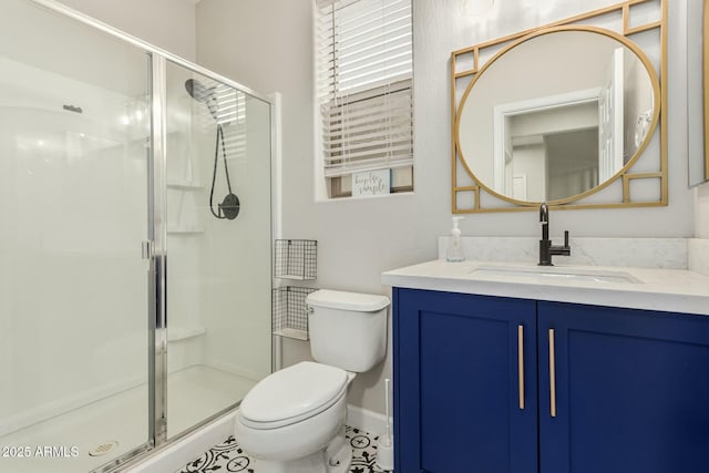 full bathroom with vanity, toilet, and a stall shower